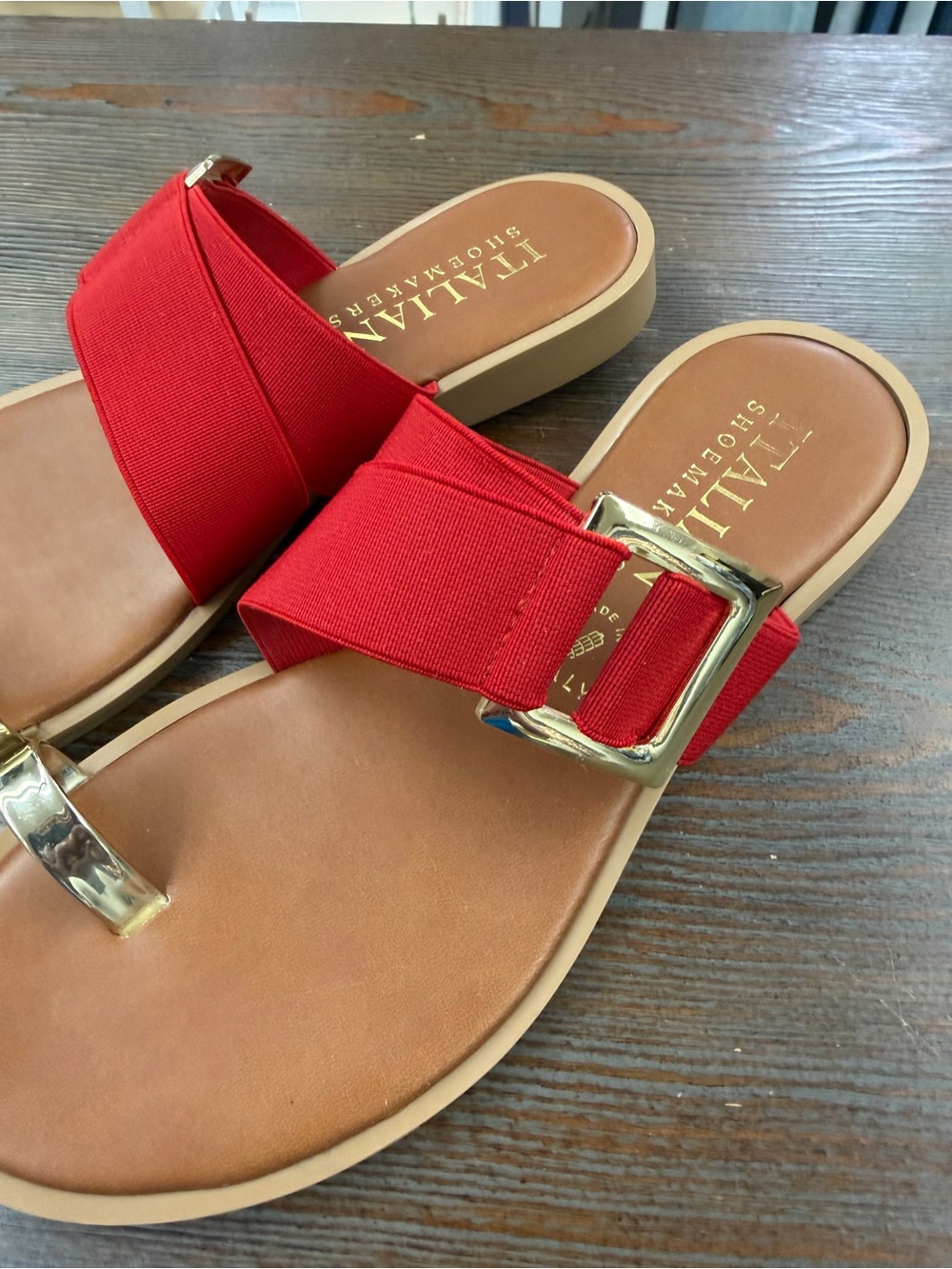 Italian Shoemakers Red Slide Sandals with Gold Accents - Picture 3 of 5